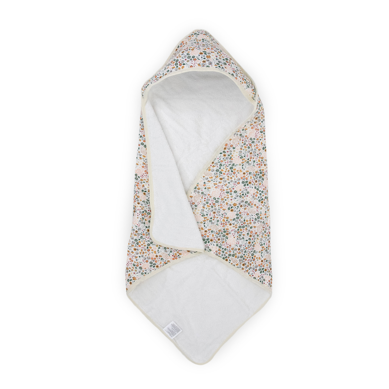 A infant towel with a multicolor floral print on the exterior and a soft white fleece interior, shown folded on a clean white background.