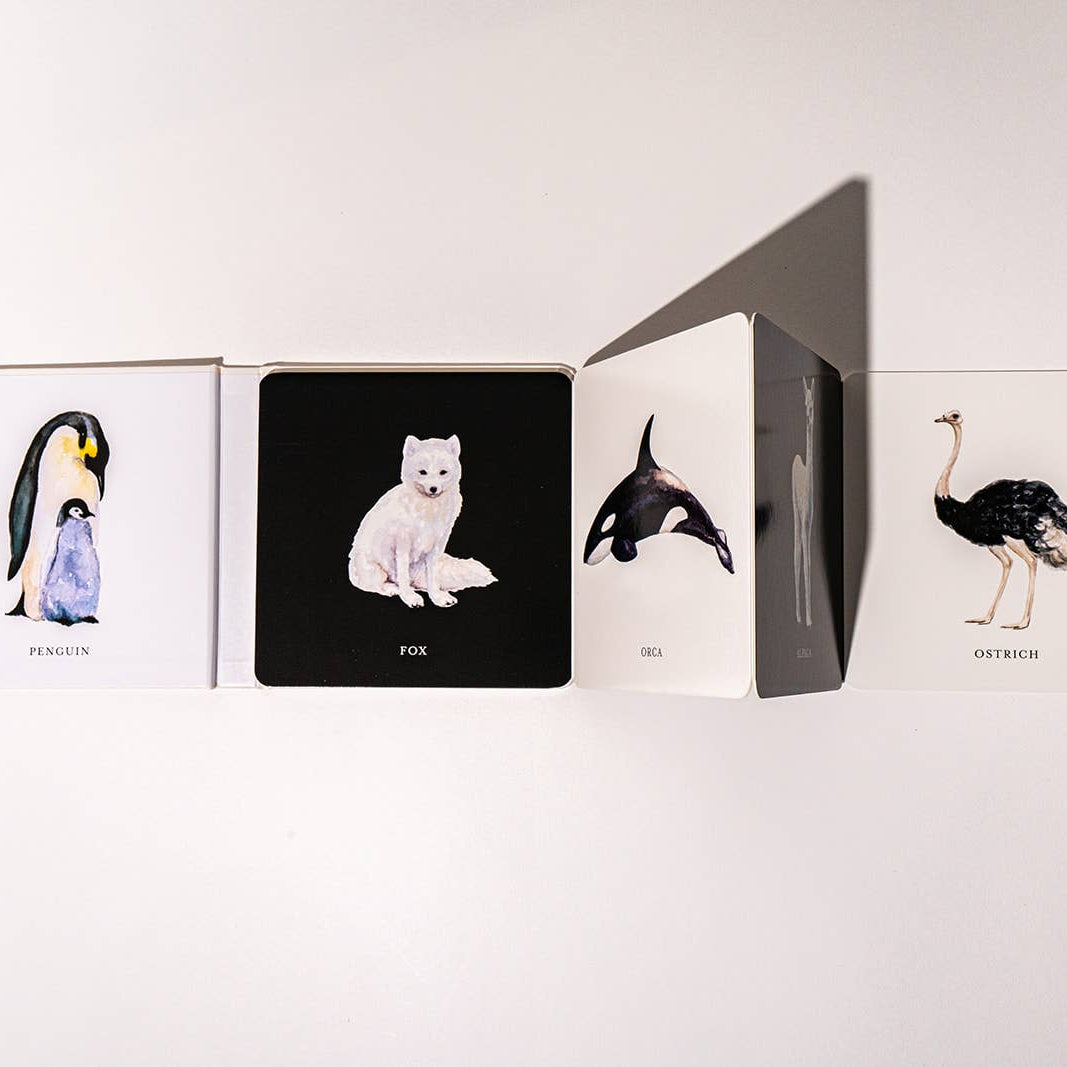 Card with animal illustrations and text on a white background