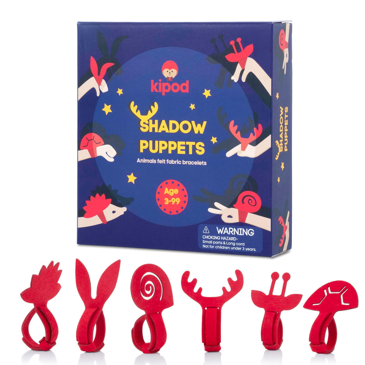 Kipod shadow puppet set with packaging on a white background