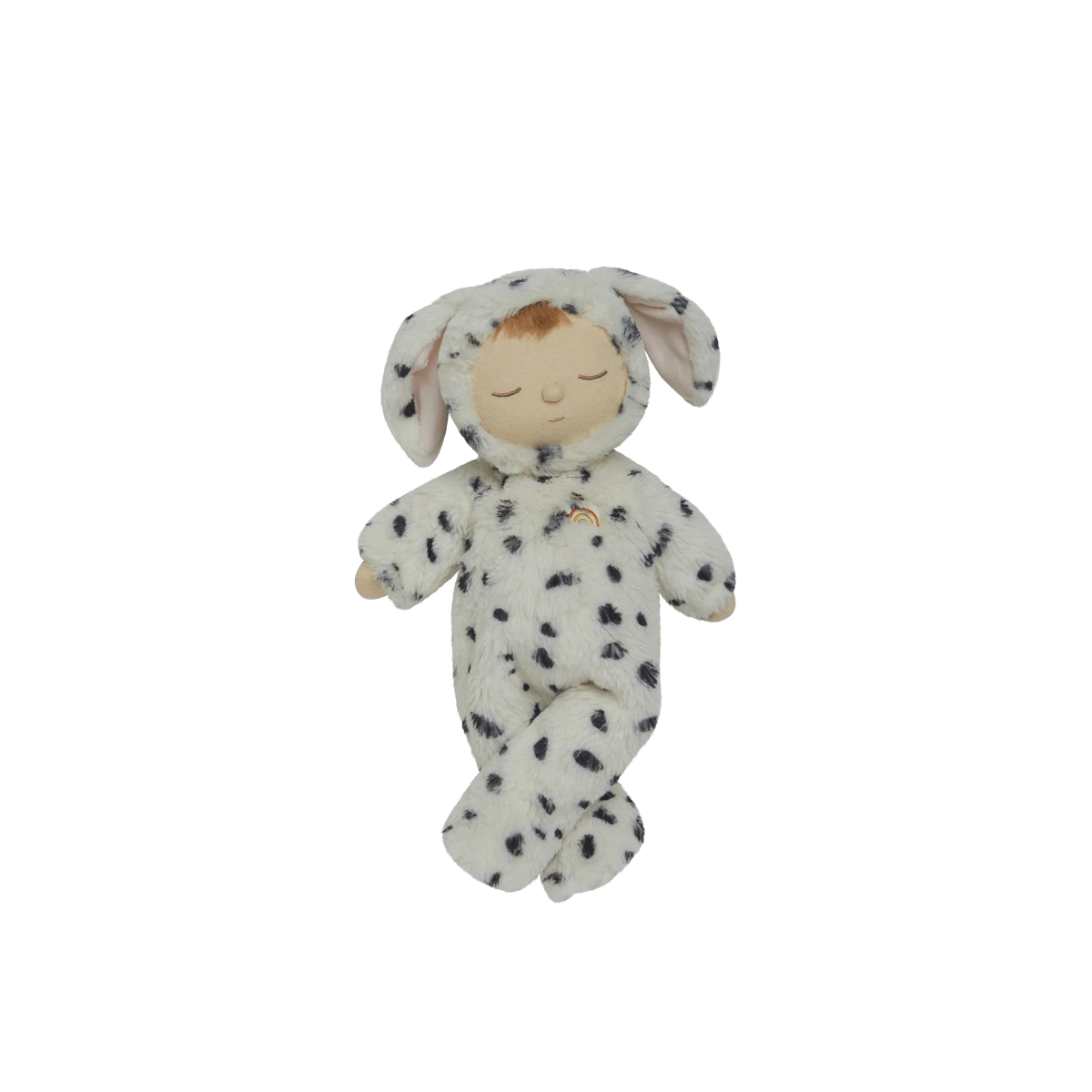 Plush toy resembling a baby in a dalmatian costume on a white background