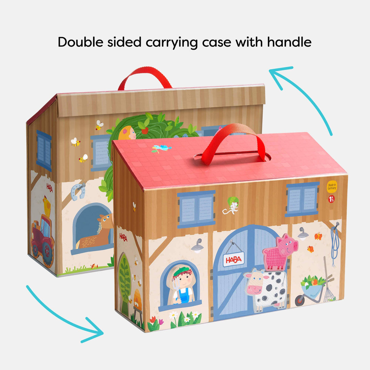 Double-sided carrying case with handle for a toy house, featuring illustrations of a farm scene.