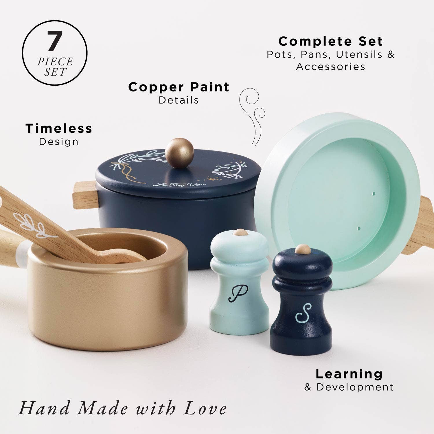 Set of colorful toy cookware with wooden handles on a white background