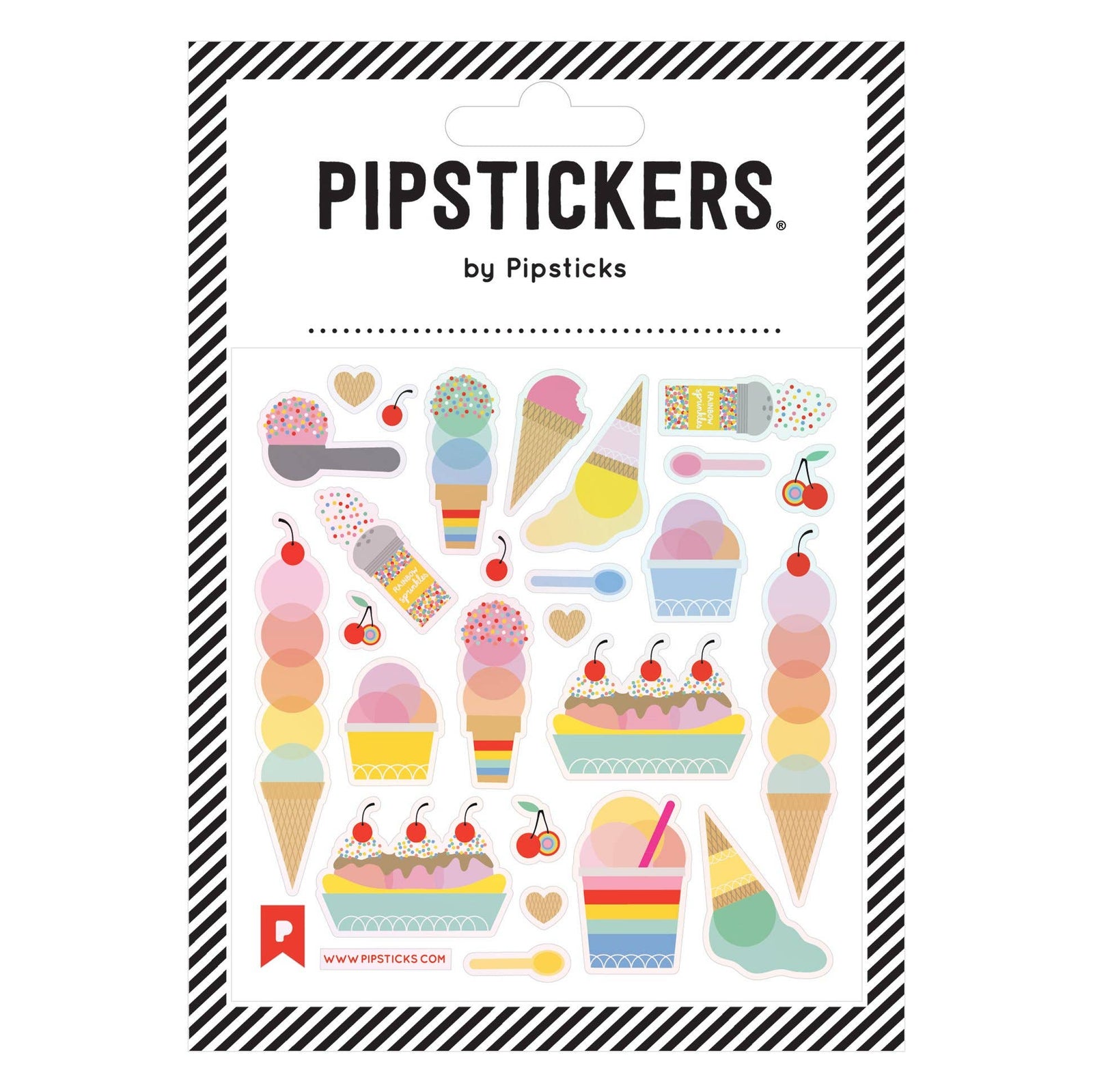 Packaging of Pipsticks stickers featuring ice cream and cake designs.