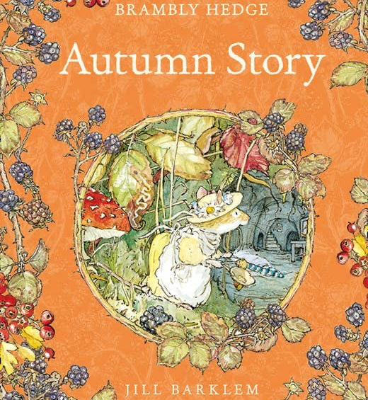Book cover of 'Autumn Story' from Brambly Hedge series by Jill Barklem with colorful autumn-themed illustrations.