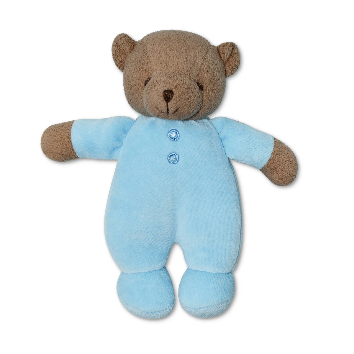 Stuffed teddy bear in a blue outfit on a white background