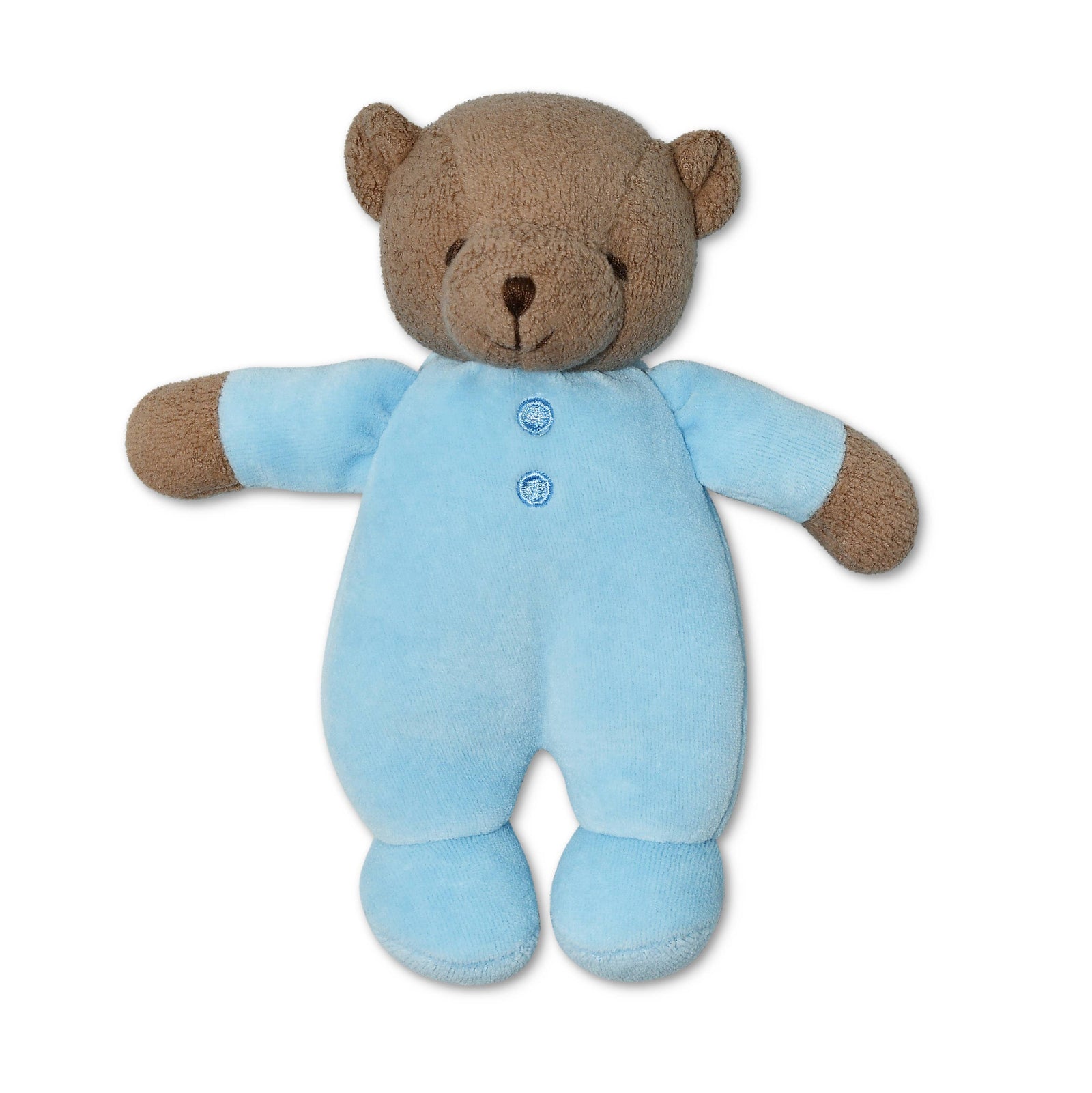 Stuffed teddy bear in a blue outfit on a white background
