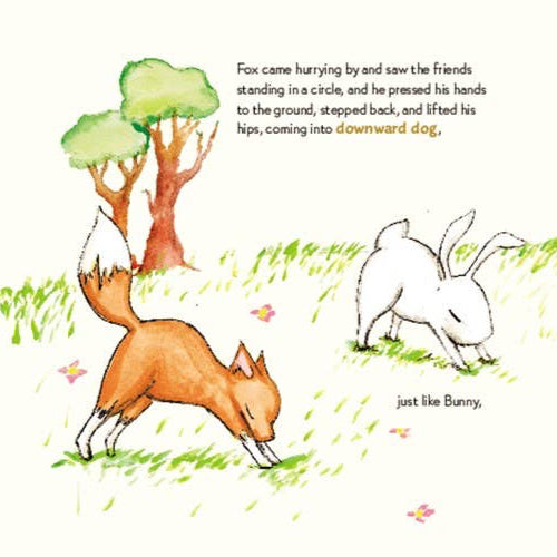 Book cover of 'Yoga Bunny' by Brian Russo with a white rabbit in a yoga pose between two trees.