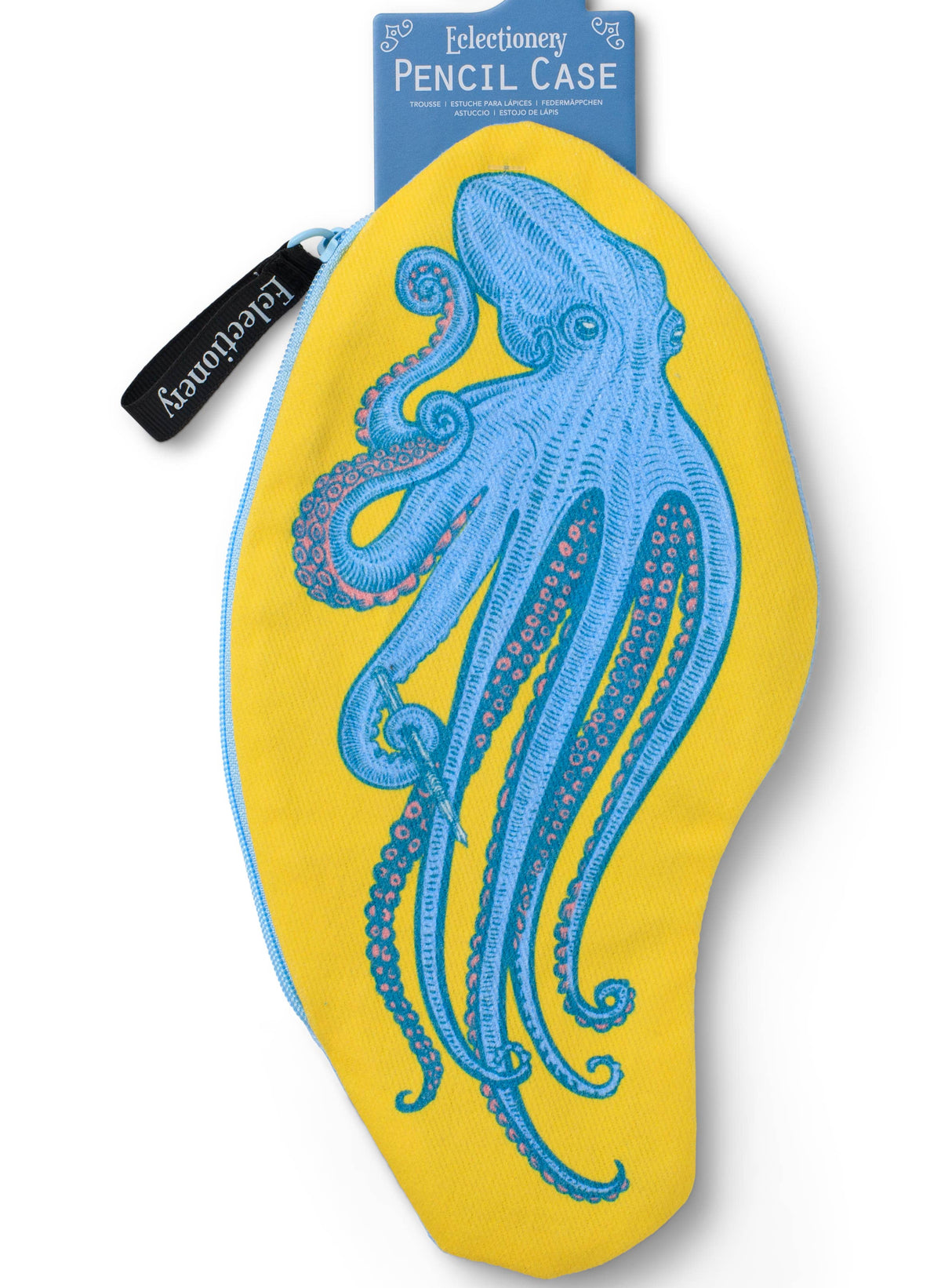 Pencil case with blue octopus design on a yellow background, featuring a blue label.
