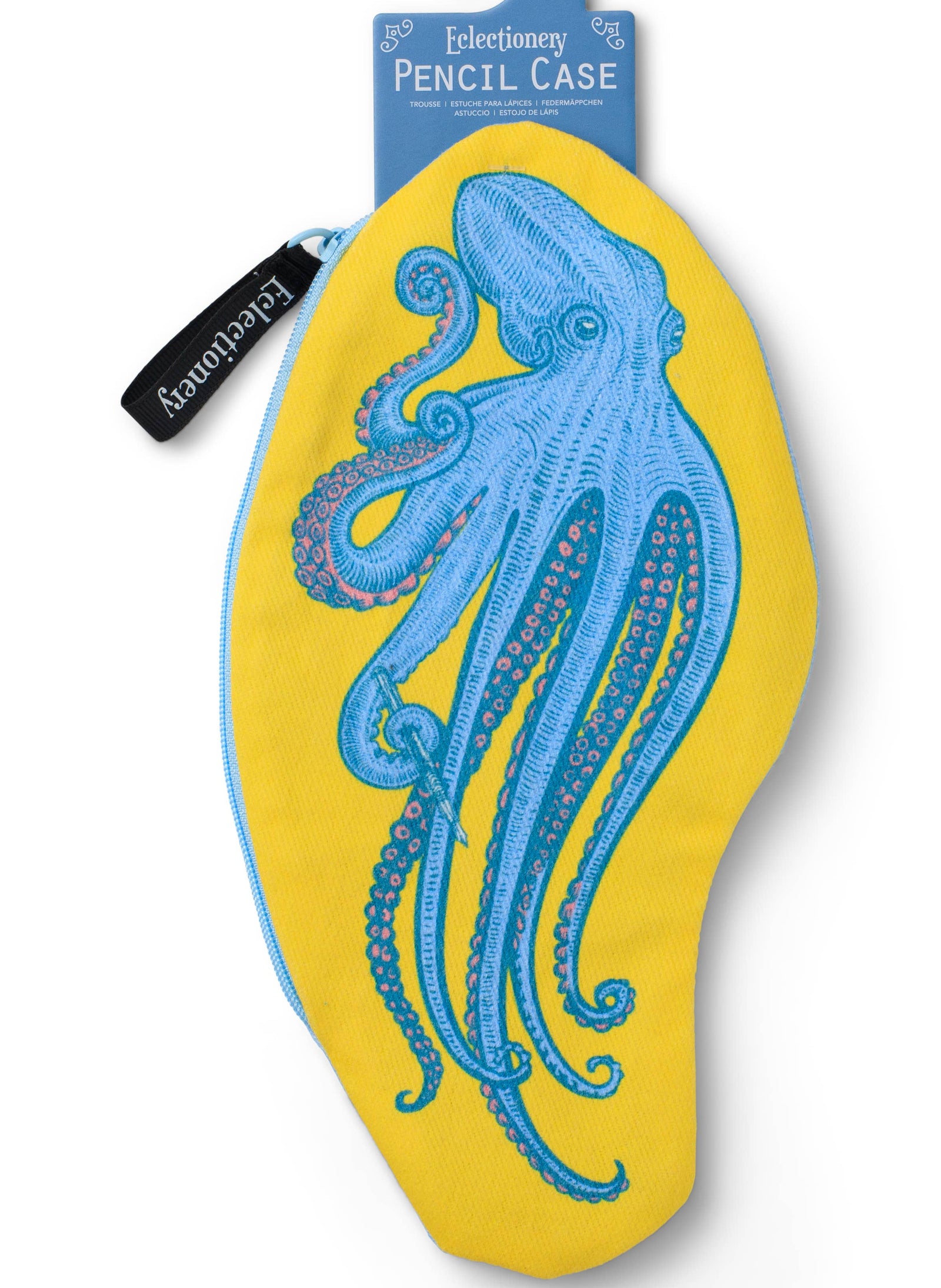 Pencil case with blue octopus design on a yellow background, featuring a blue label.