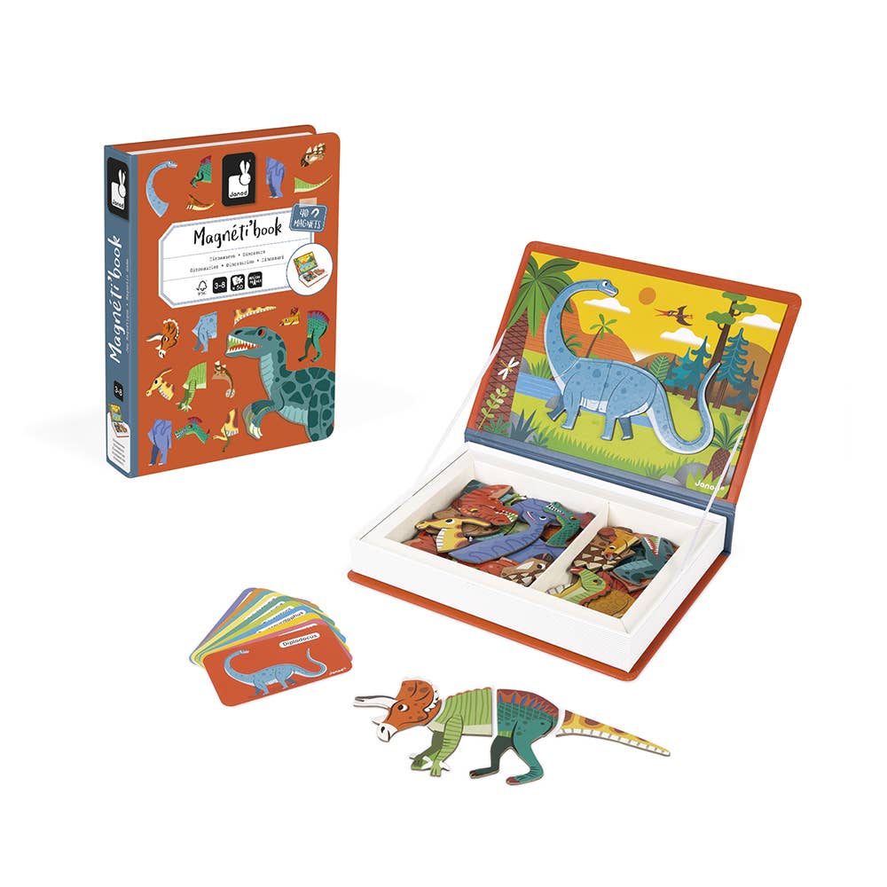Children's dinosaur magnetic book with open pages and additional cards on a white background