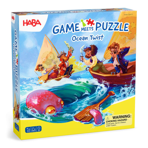 HABA 'Game Meets Puzzle: Ocean Twist' packaging with cartoon characters on sailboats.