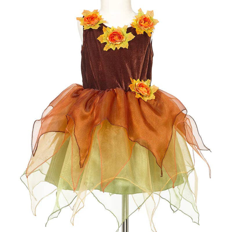 Children's dress with floral decorations on a mannequin against a white background