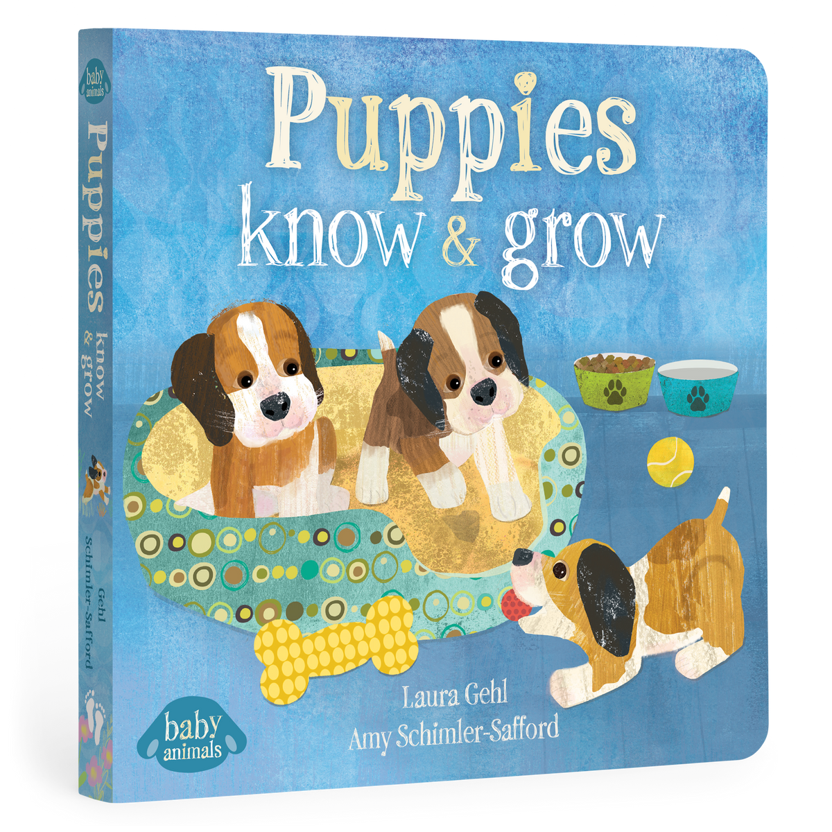 Book titled 'Puppies know & grow' with illustrations of puppies on a blue background