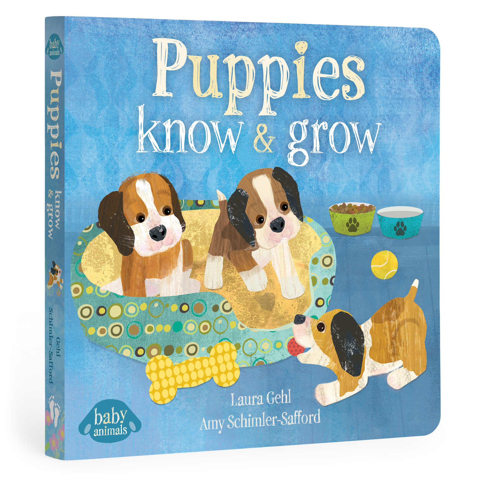 Book titled 'Puppies know & grow' with illustrations of puppies on a blue background