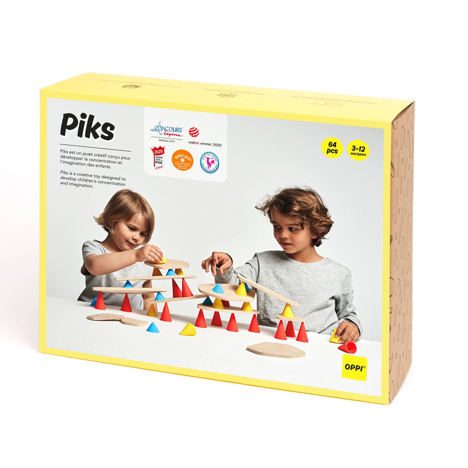 Piks toy packaging with two children playing with colorful geometric shapes on a white background