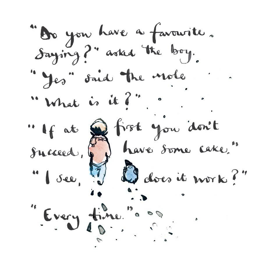 Text with characters from 'The Mole and the Boy' book on a white background