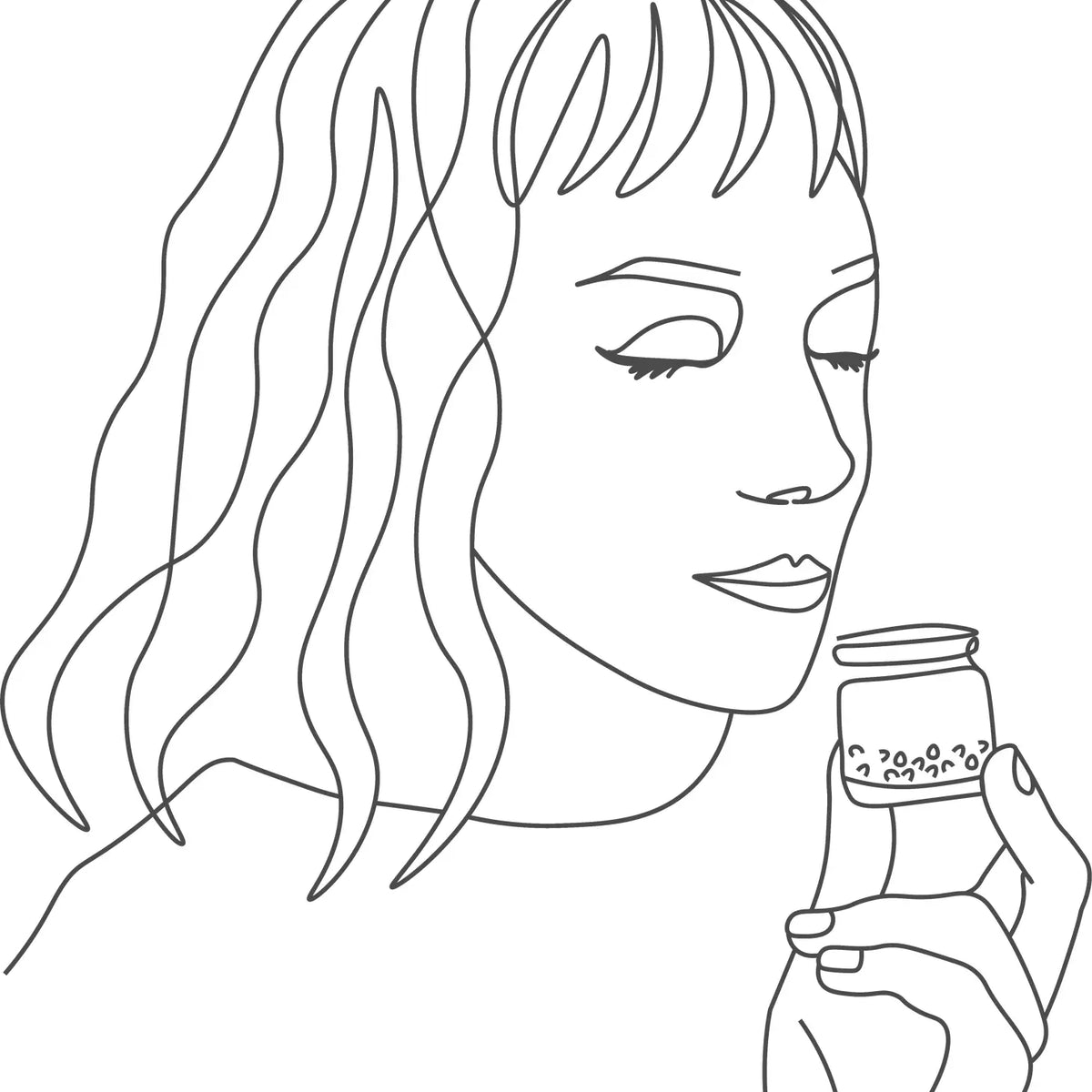 black and white sketch of woman smelling product