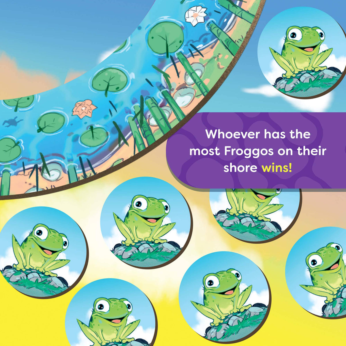 Children's game board with cartoon frogs and text about winning with 'Froggos'.