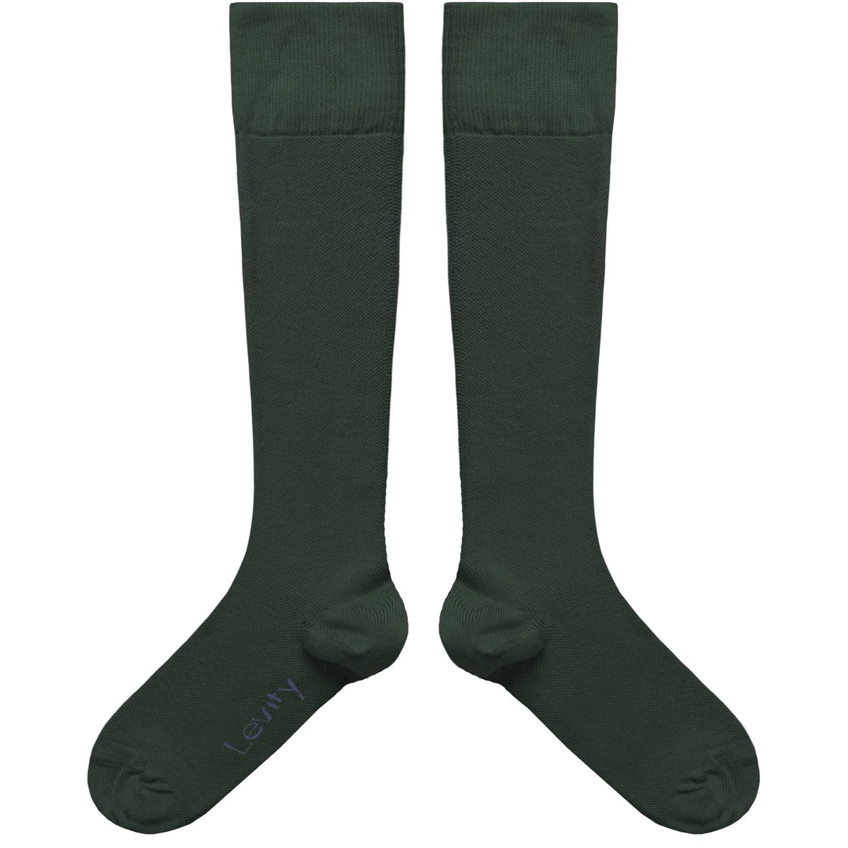 A pair of dark forest green knee-high socks shown flat against a solid white background. 