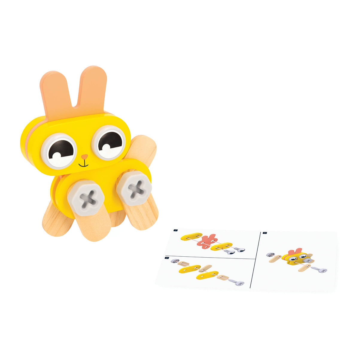 Yellow toy with rabbit ears and a face, on a white background