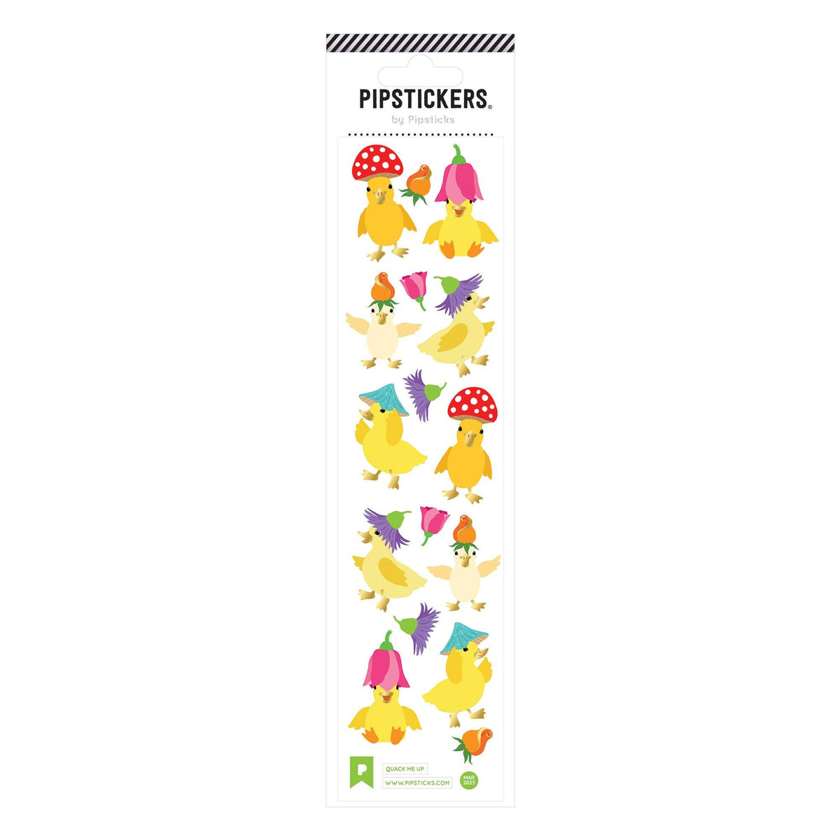 Sheet of colorful duck stickers with accessories on a white background, branded 'PipStickers'.