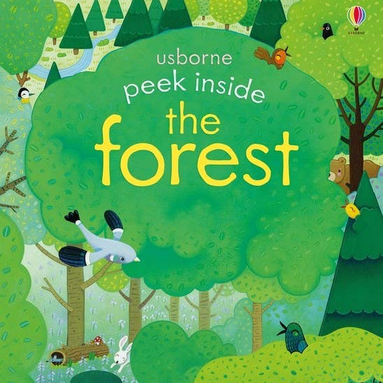 Book cover of 'Peek Inside the Forest' by Usborne with green trees and animals.