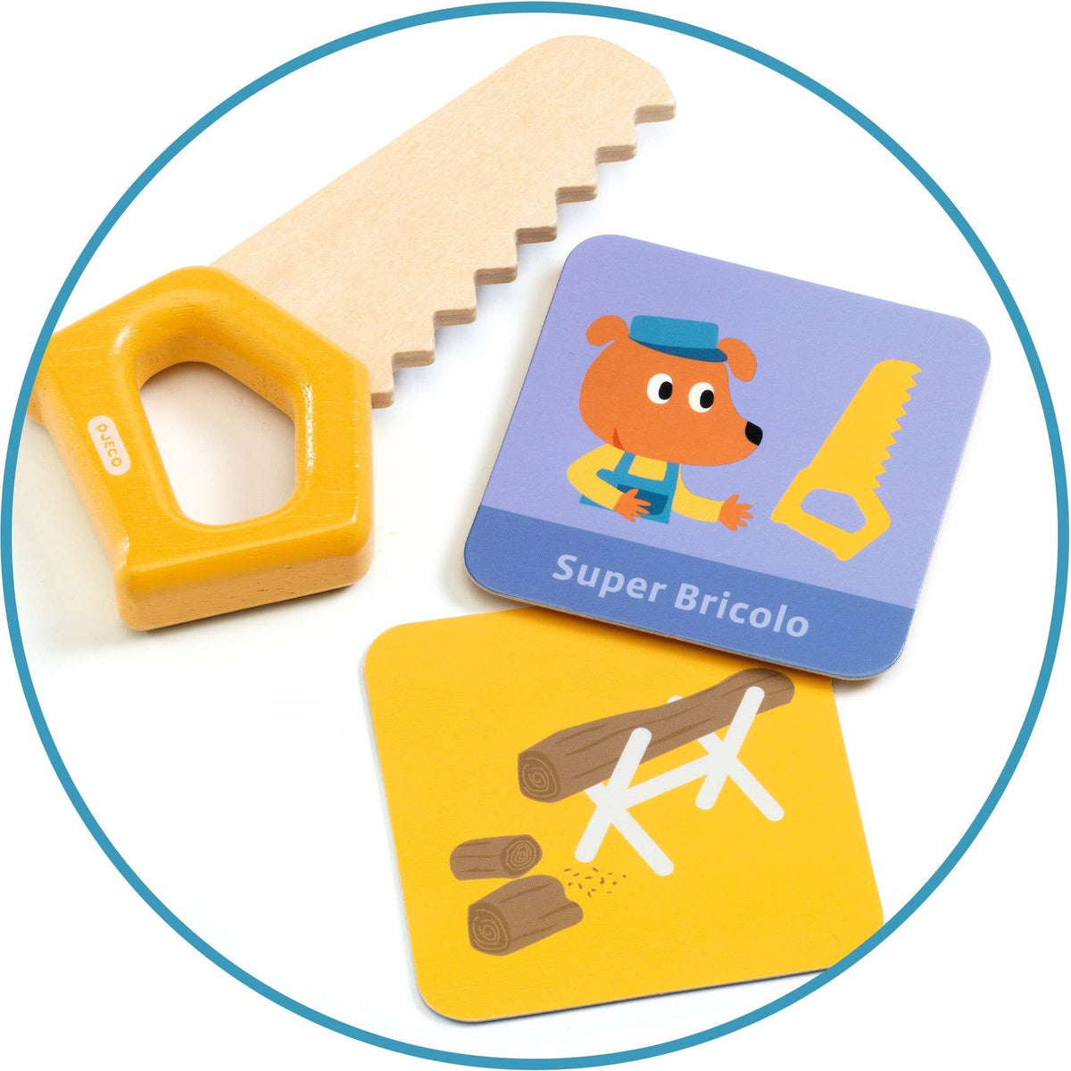 Toy saw and two educational cards with illustrations on a white background