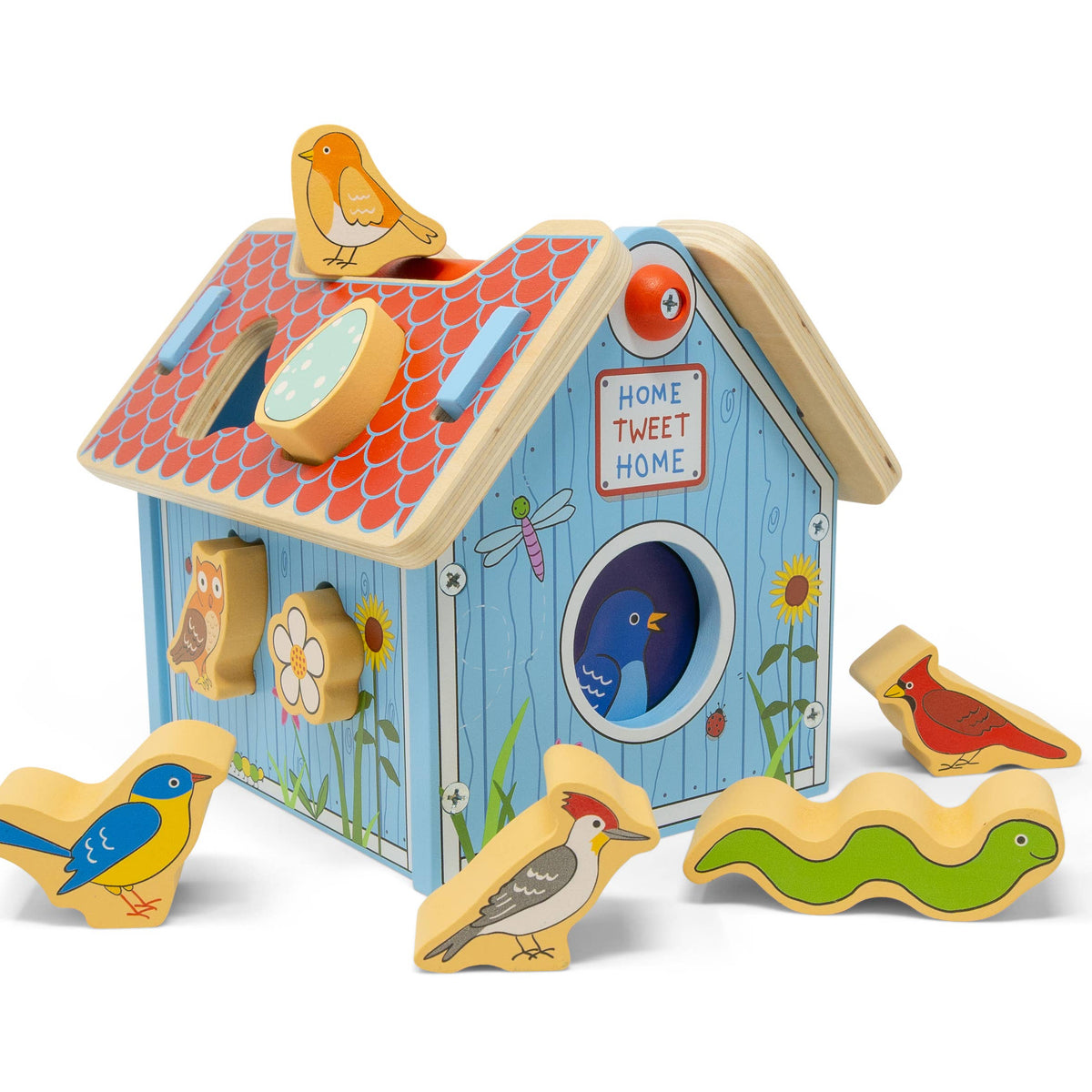 Wooden toy birdhouse with detachable bird pieces on a white background