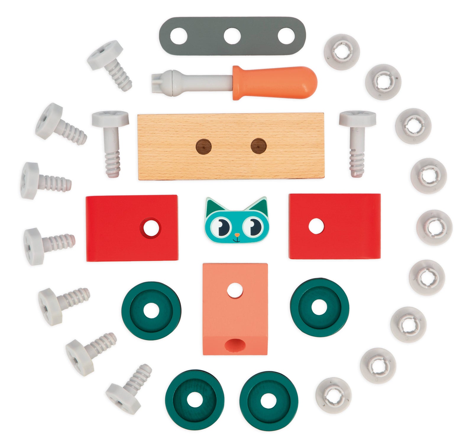 Colorful toy construction set with wheels and a tool on a white background