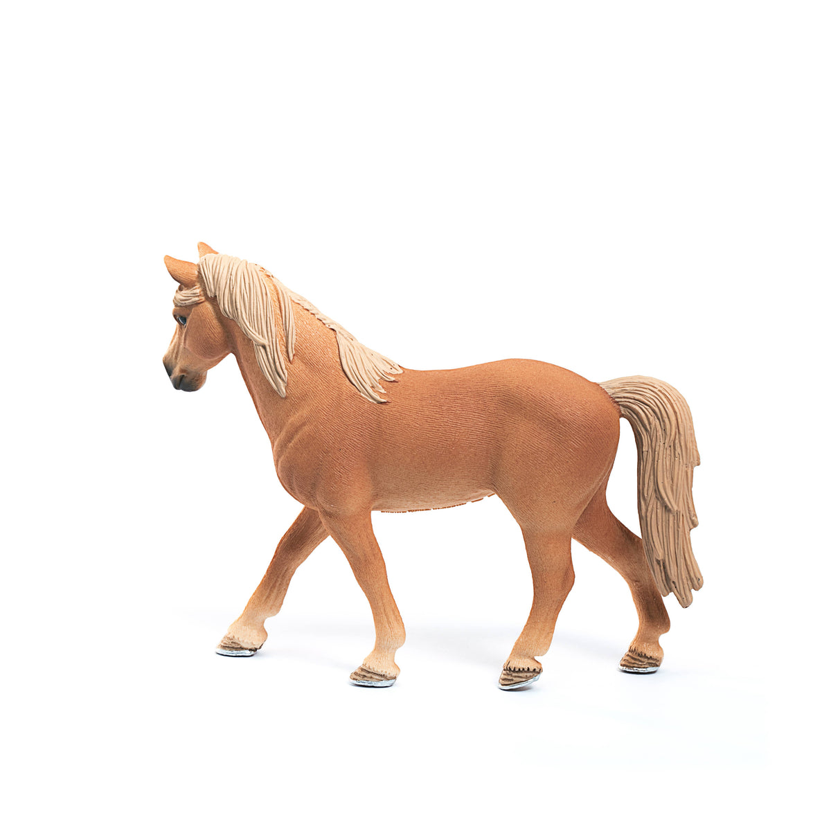 A small toy horse figurine in a light brown/tan color with a lighter beige mane and tail, standing on a white background.