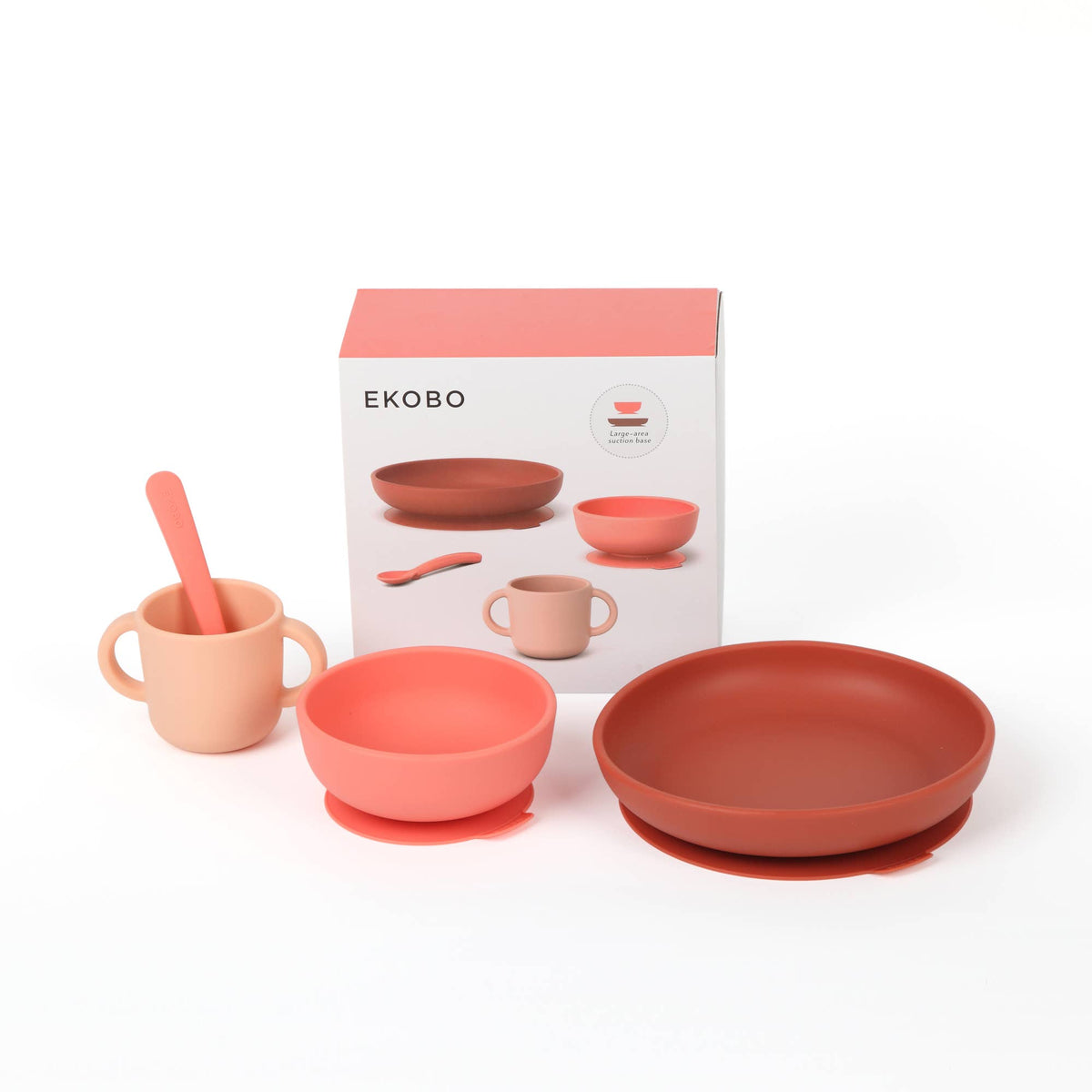 Set of silicone  dishes including bowls and cups with Ekobo packaging on a white background