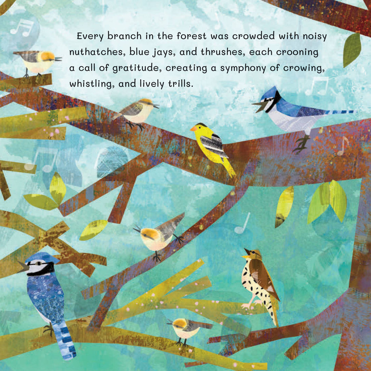 Illustration of a tree with various birds perched on its branches against a blue sky.