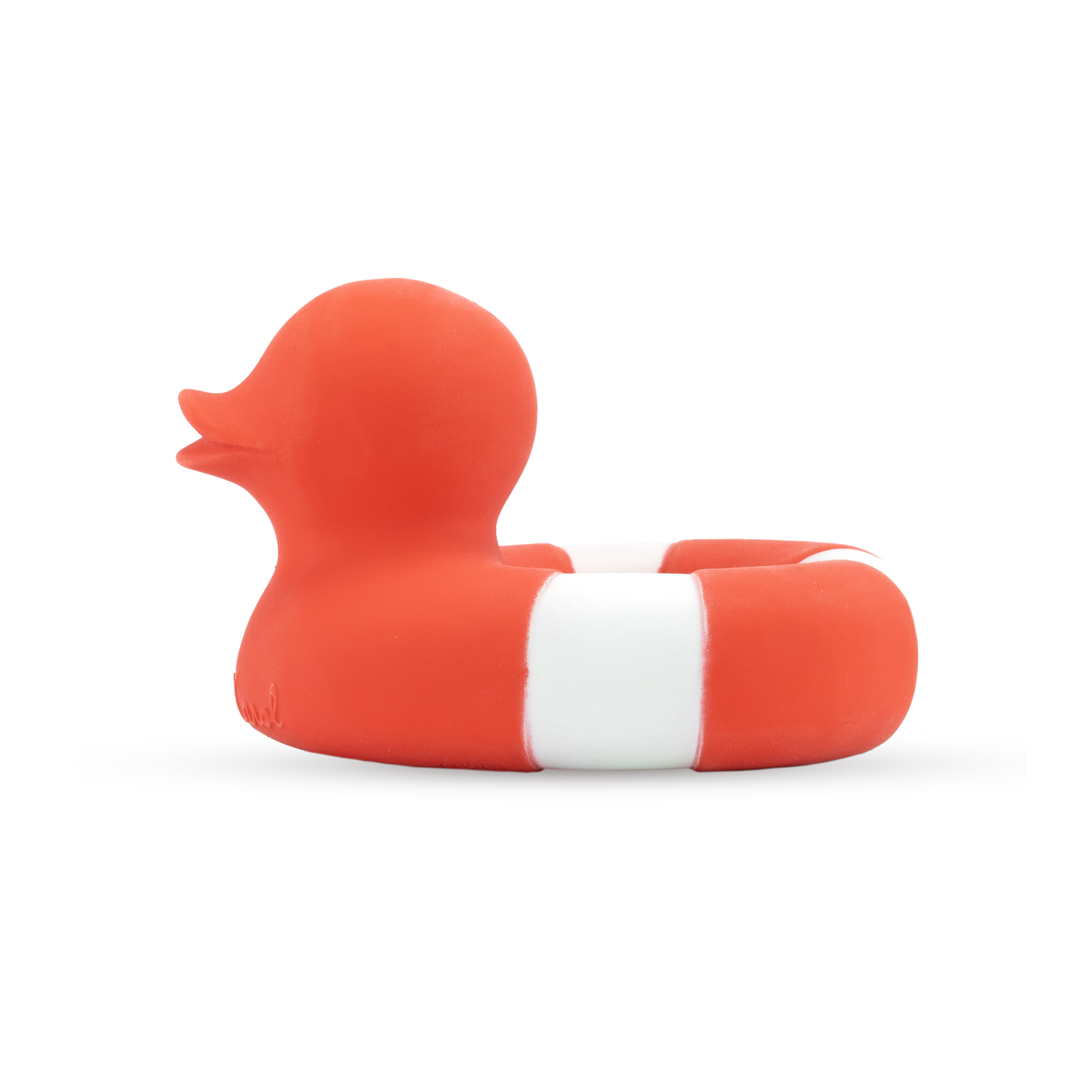 Red rubber duck with a white stripe on a white background