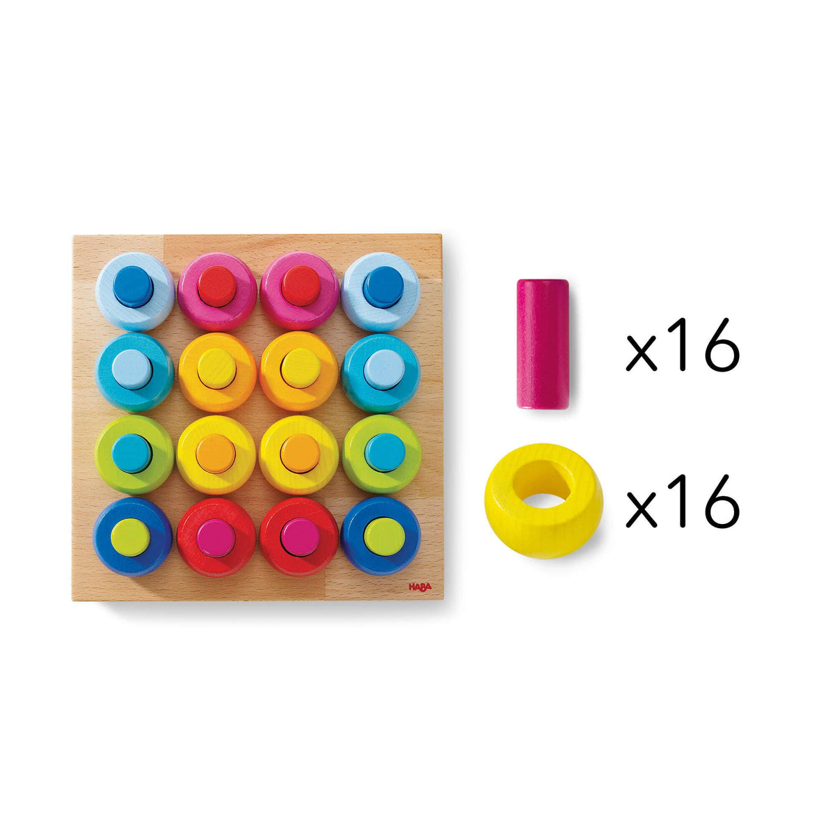Colorful geometric shape sorting board with wooden base and additional colorful rings on a white background