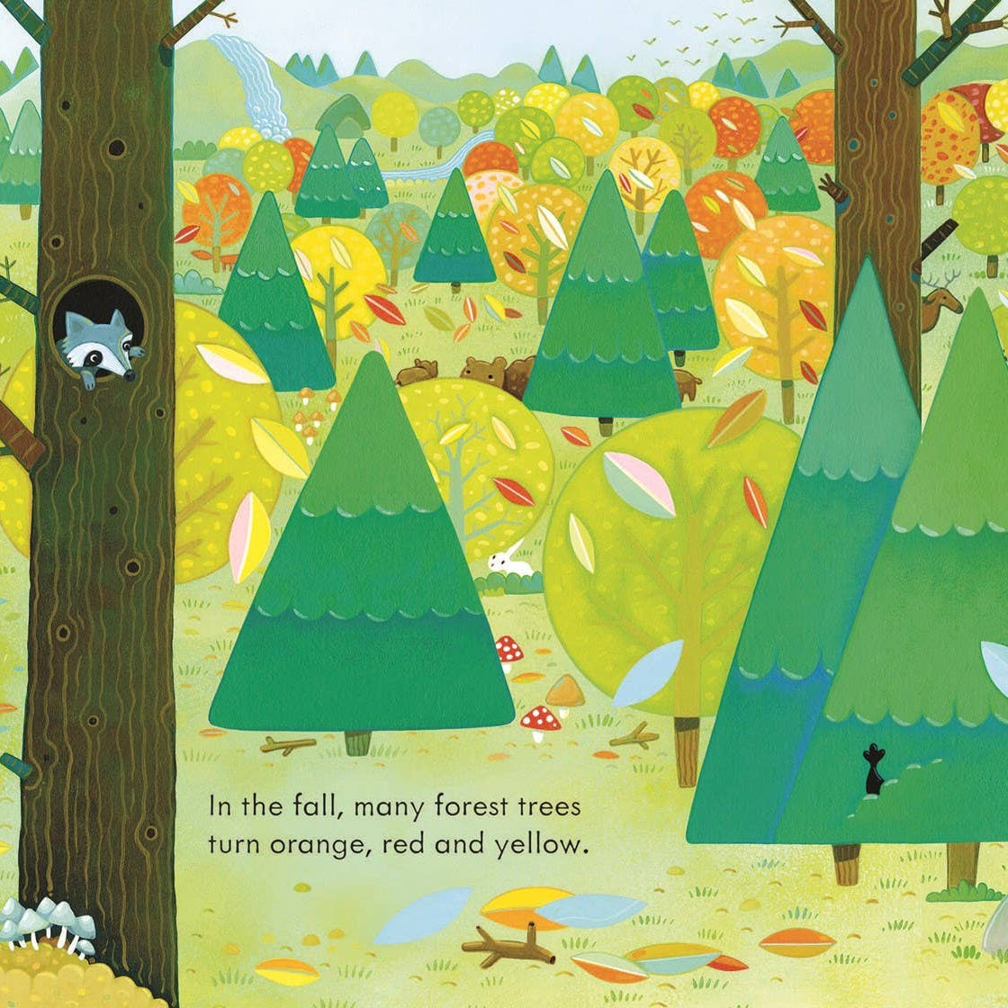 Illustration of a forest scene with trees changing colors in autumn.