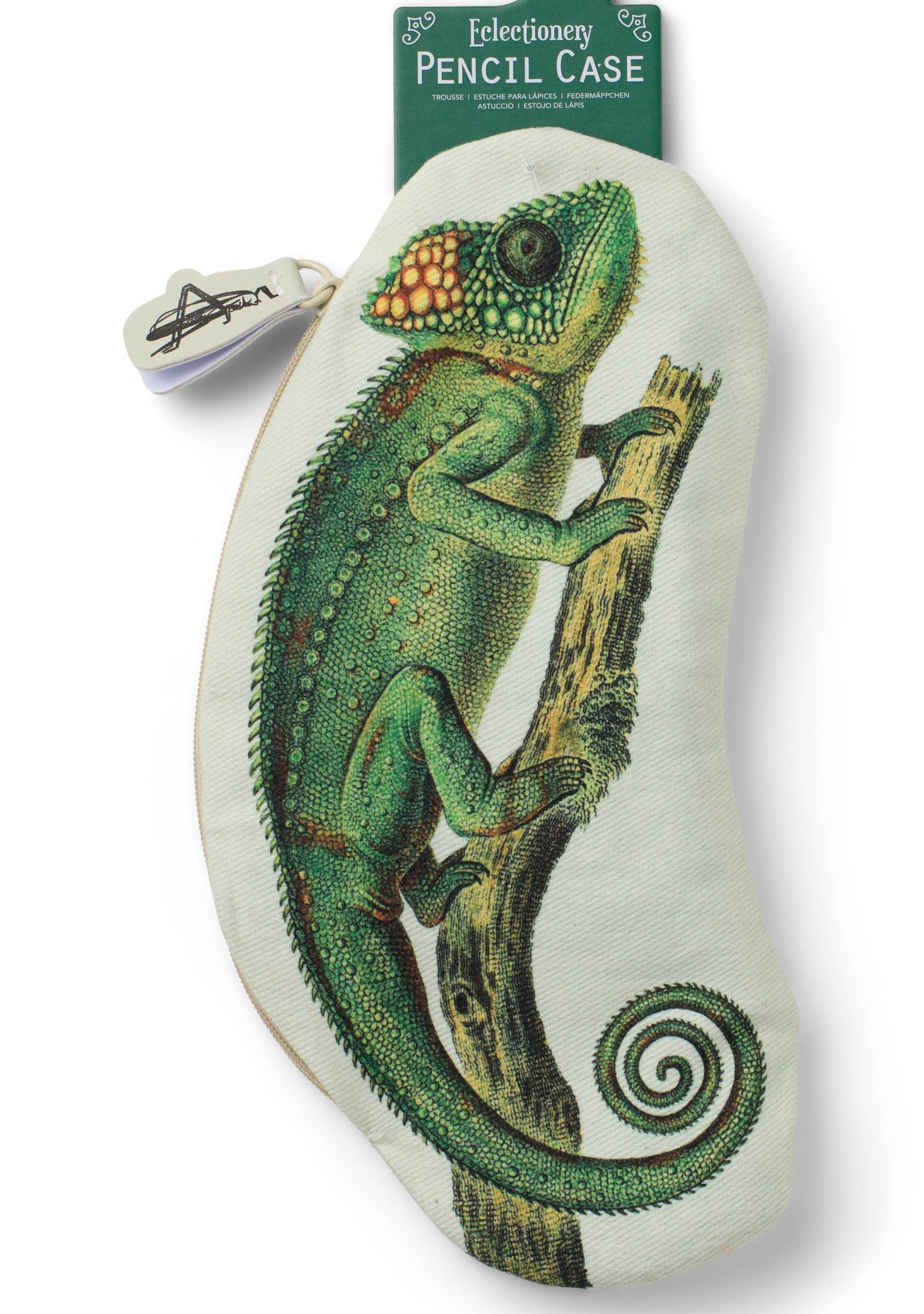 Pencil case with a chameleon design and a small mirror on a white background