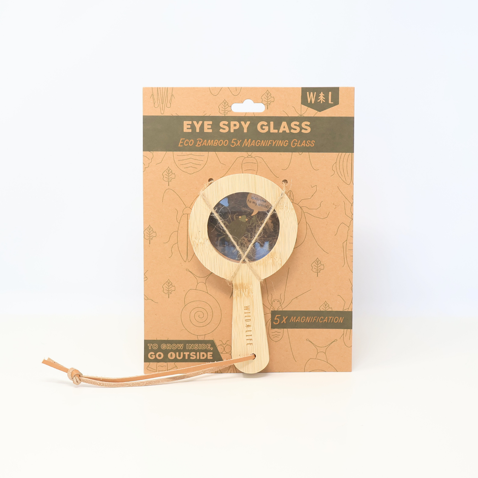Wooden magnifying glass with packaging on a white background