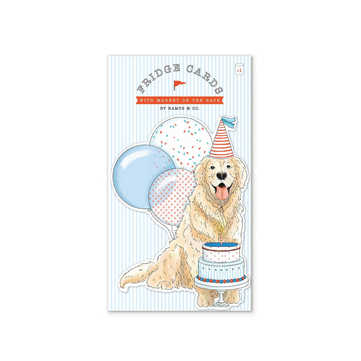 A package of Fridge Cards featuring a cute illustration of a golden retriever dog wearing a party hat and sitting next to a birthday cake, with two balloons behind it on a light blue and white striped background.