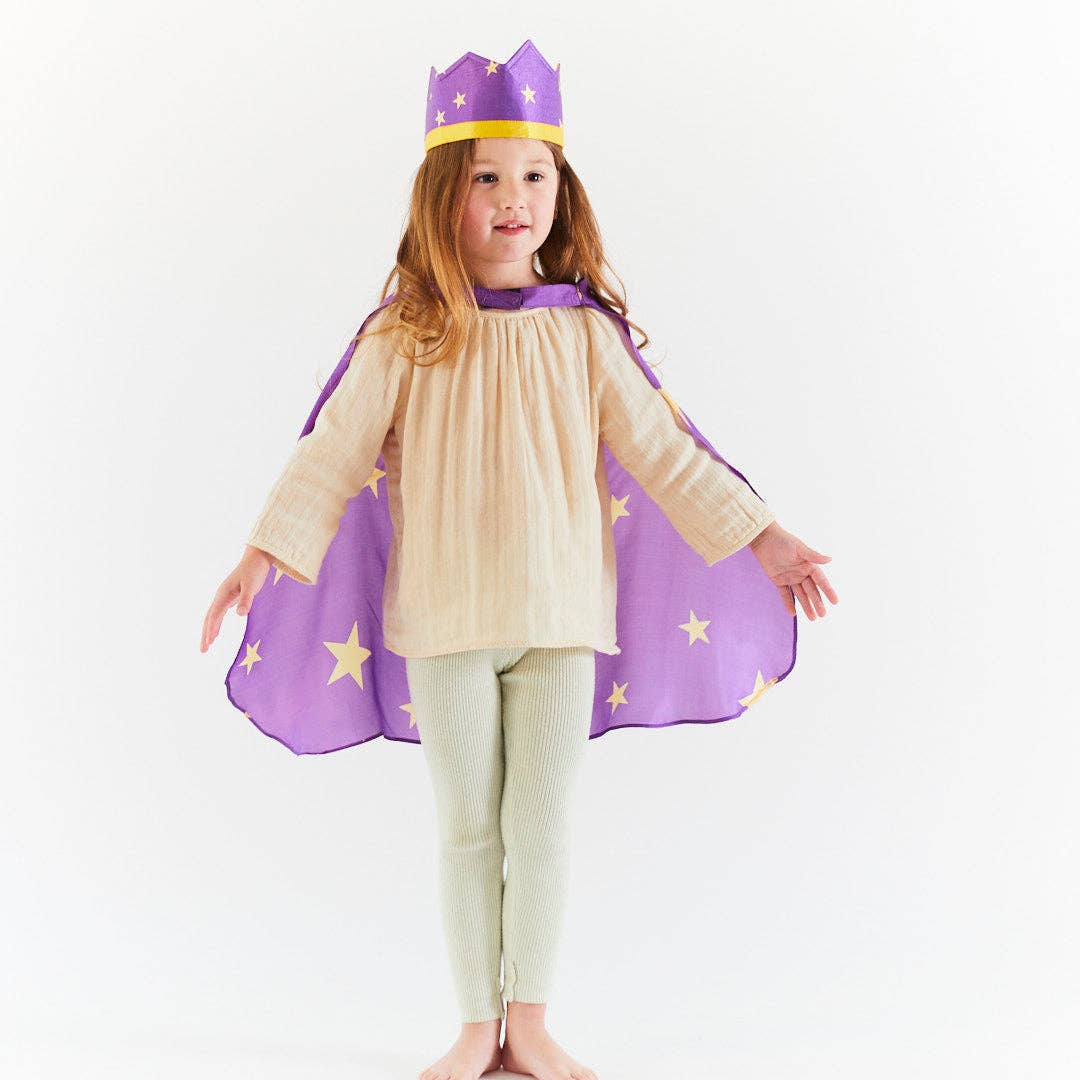 Purple cape with yellow stars and matching crown on a white background