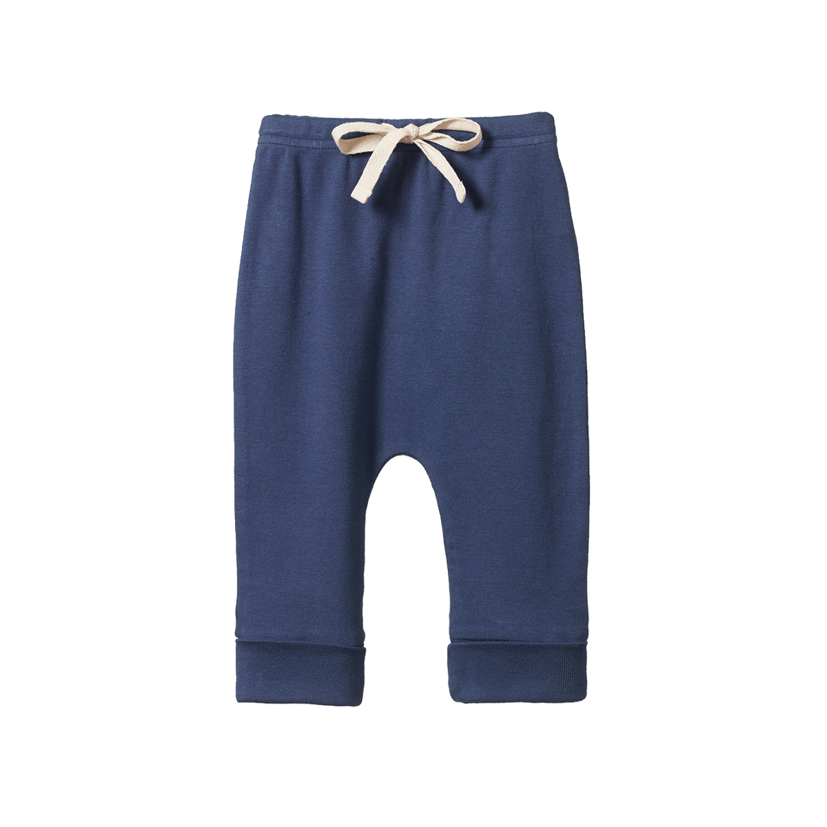 Blue baby pants with a beige drawstring on a white background