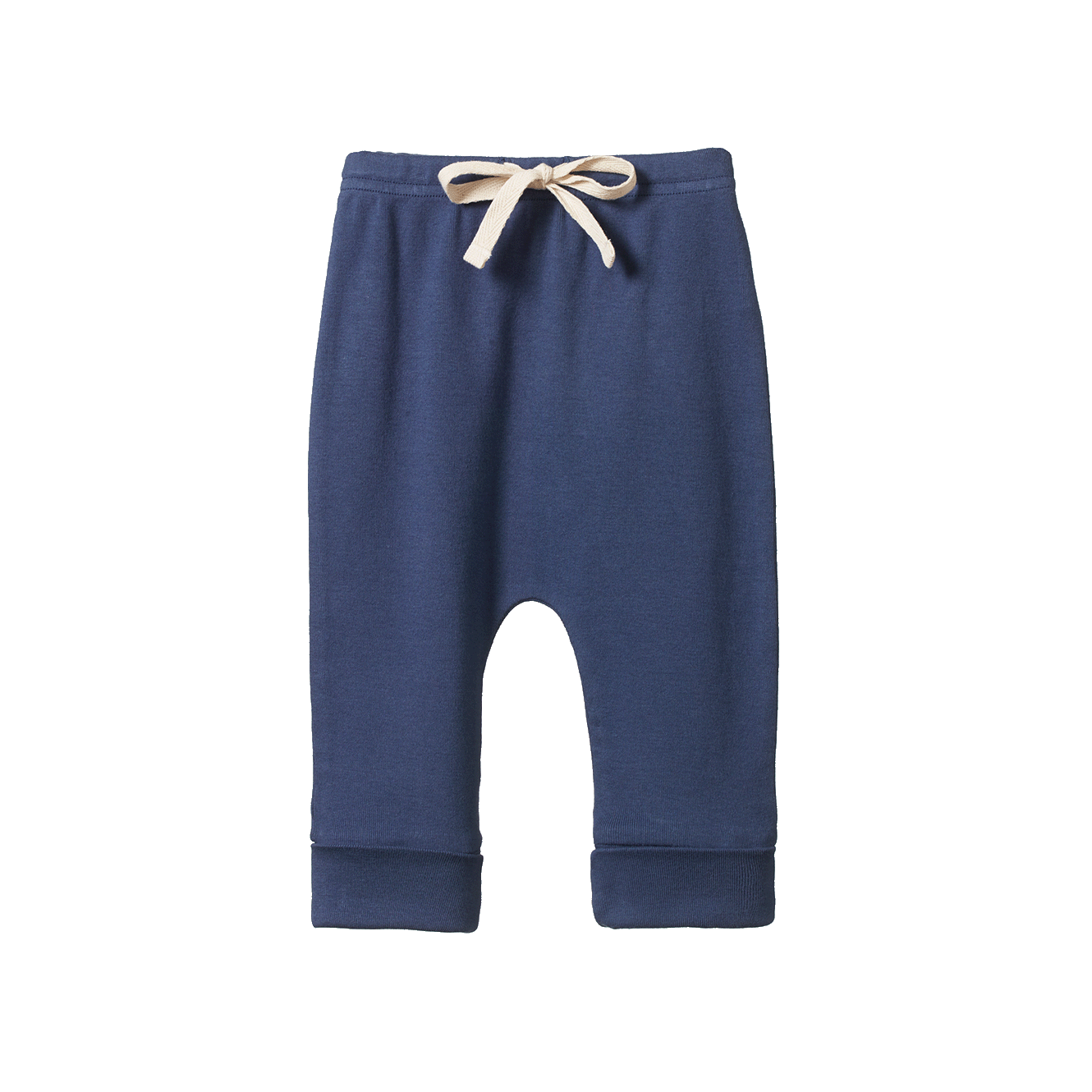 Blue baby pants with a beige drawstring on a white background