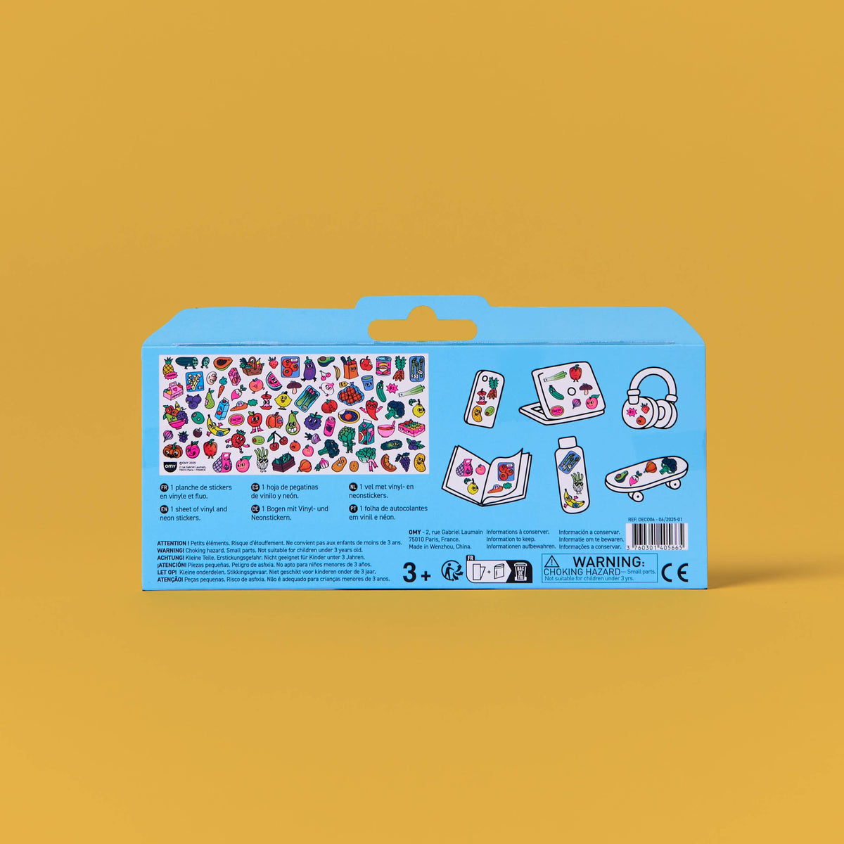 Blue packaging of a children's activity set with colorful illustrations on a yellow background