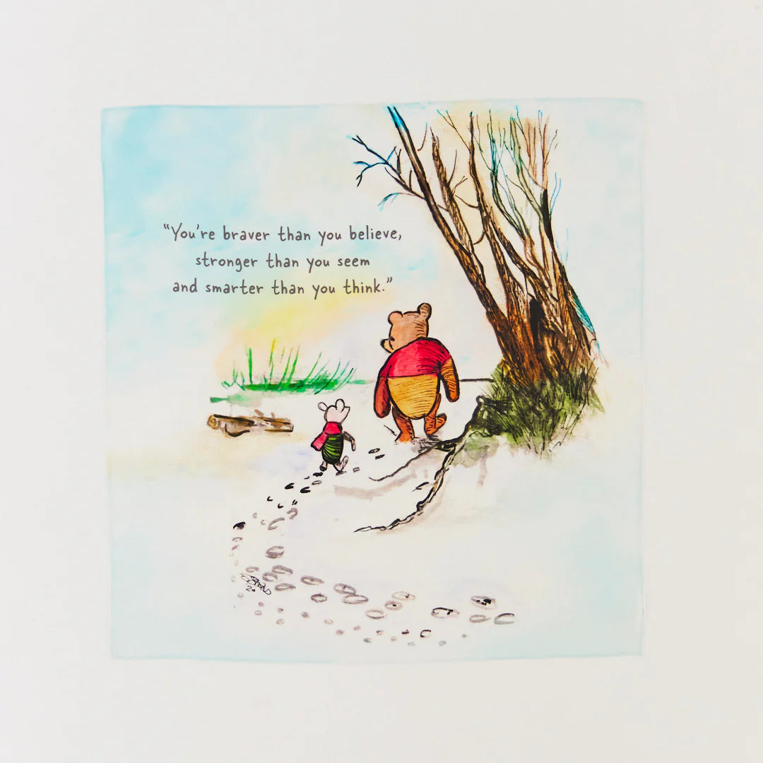 Illustration of Winnie the Pooh and Piglet with a motivational quote on a light background