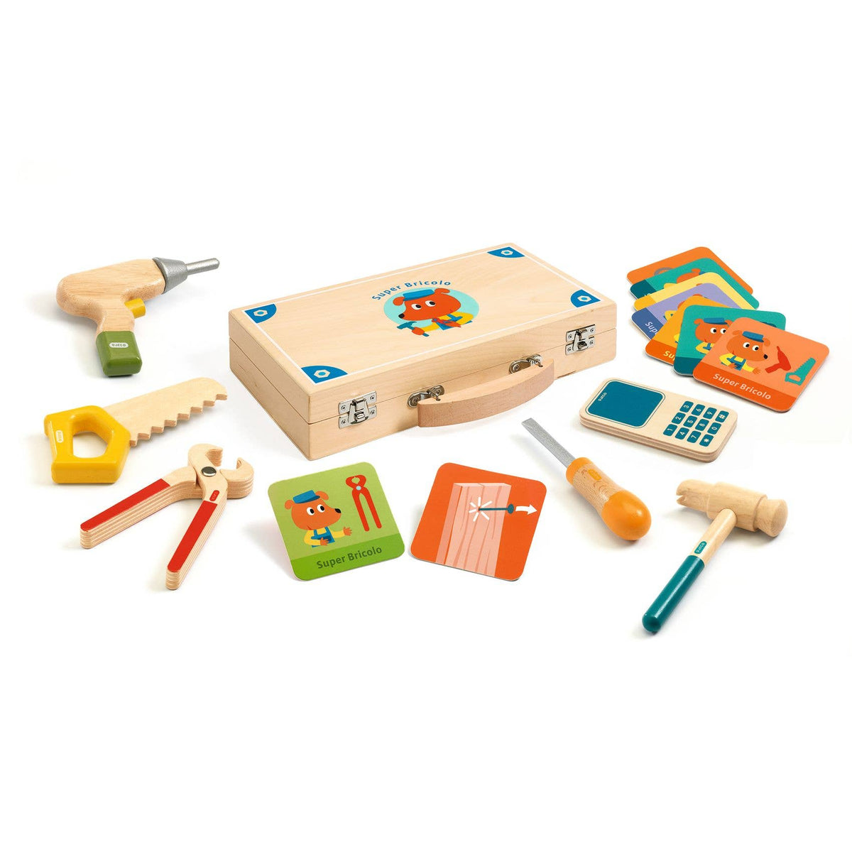 Toy tool set with wooden toolbox, tools, and cards on a white background