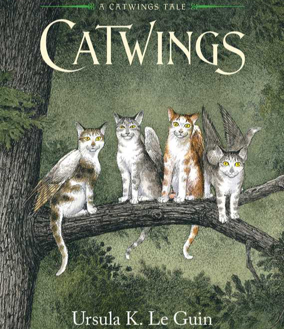 Book cover of &#39;Catwings&#39; with four cats on a branch and green background