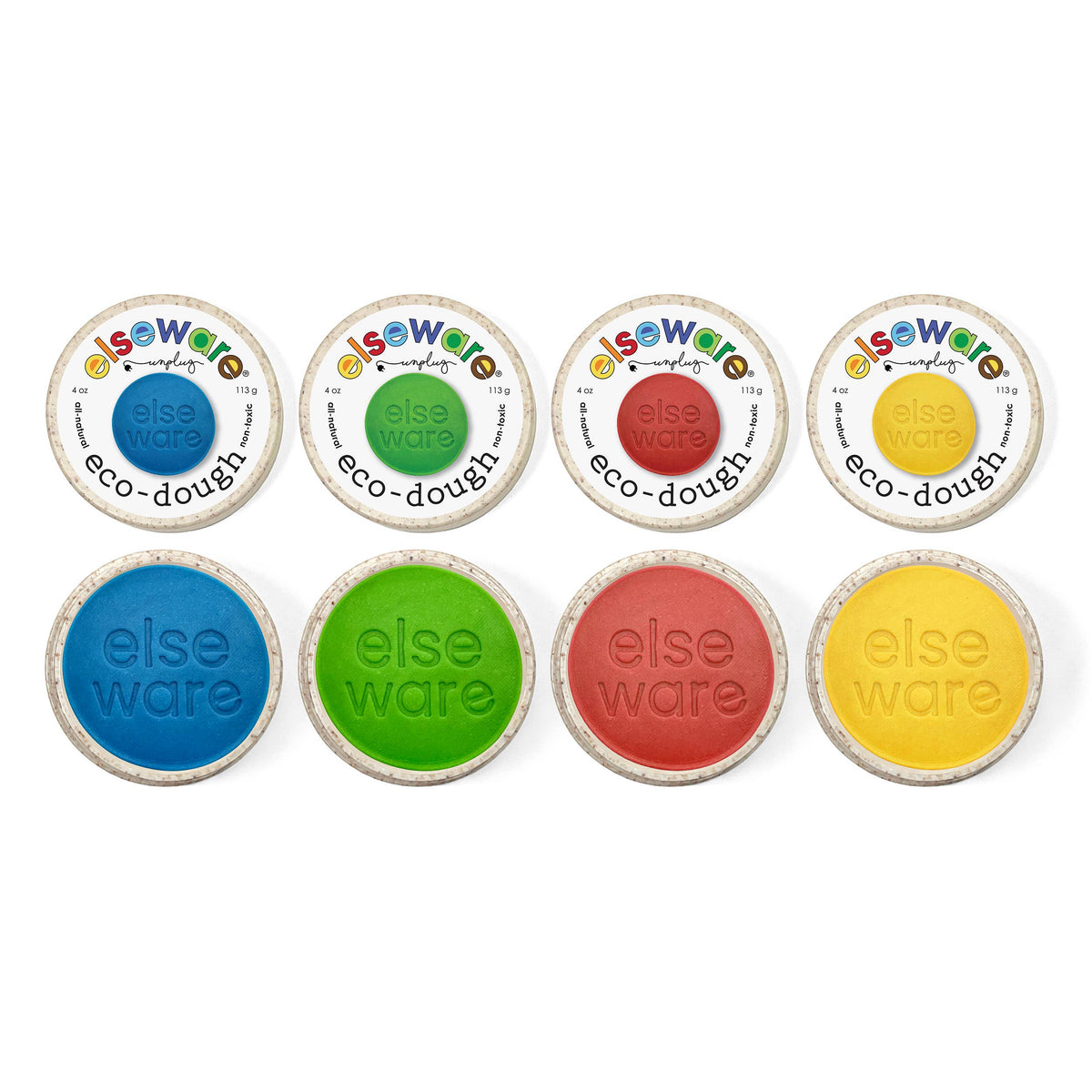 Set of four colorful eco-dough containers with 'else ware' branding on a white background.