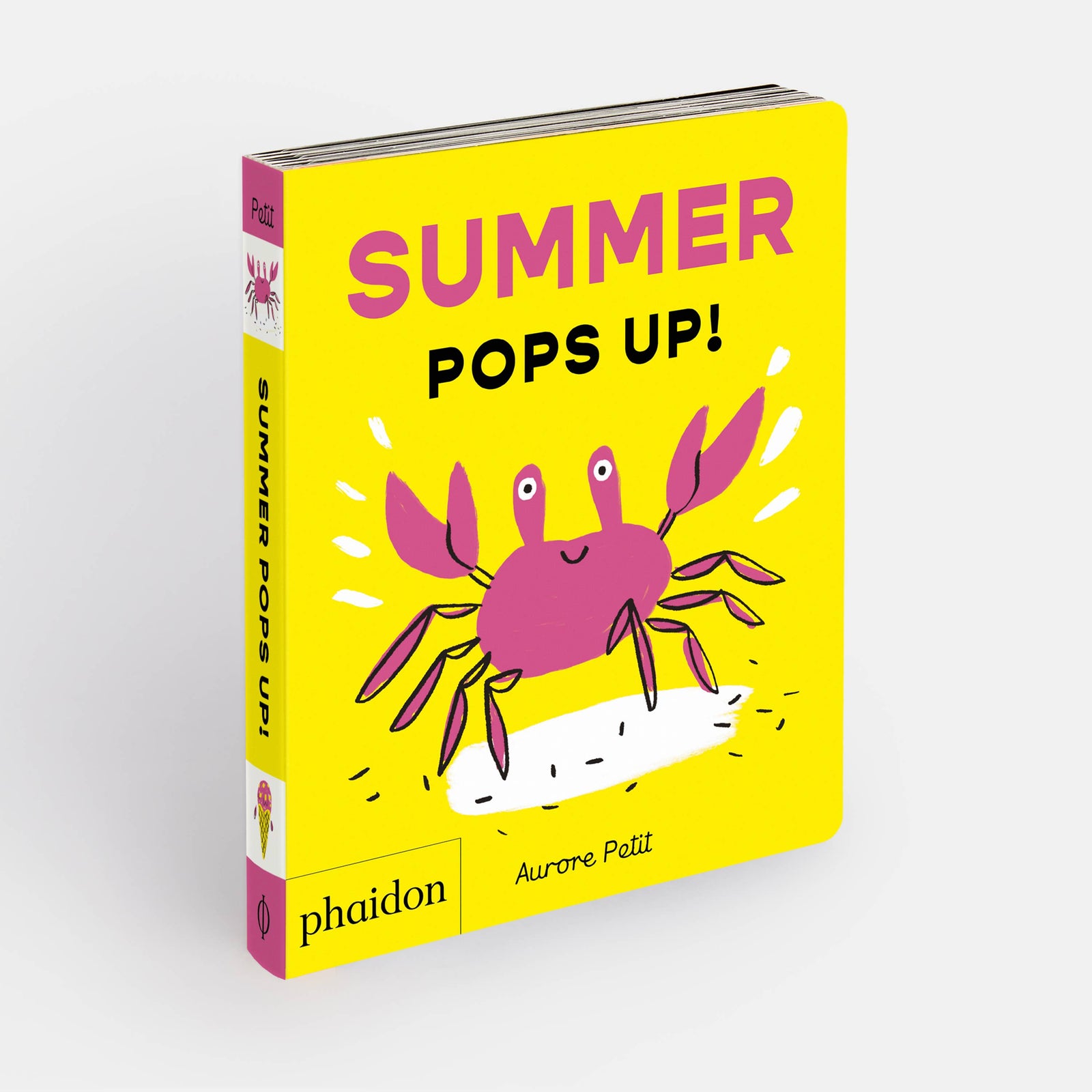 Book titled 'Summer Pops Up!' with a pink crab illustration on a yellow background