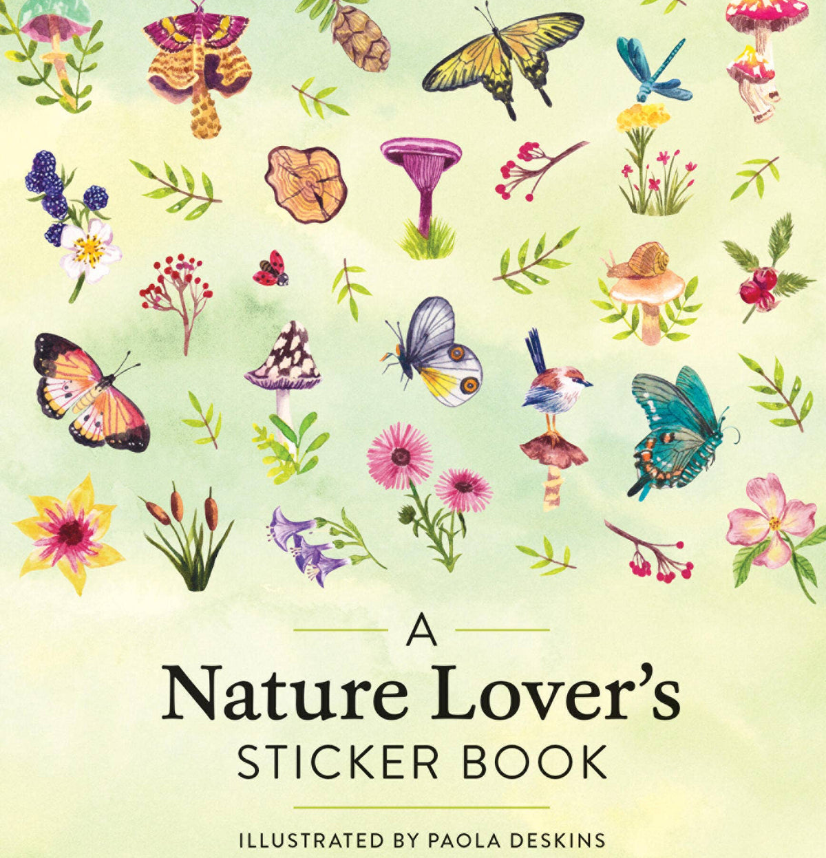 Nature Lover's Sticker Book cover with illustrations of butterflies, flowers, and plants on a light green background.