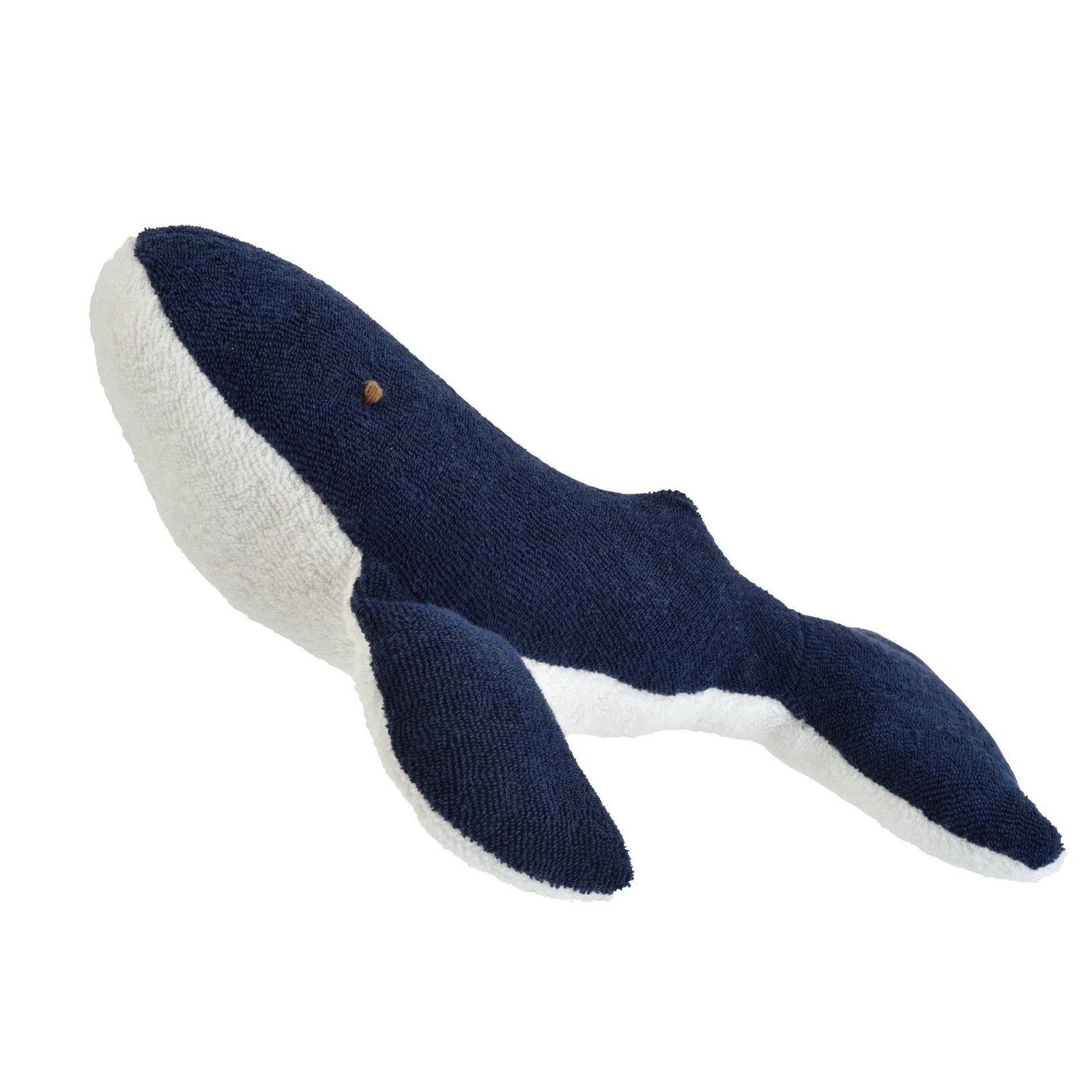 Blue and white whale-shaped plush toy on a white background