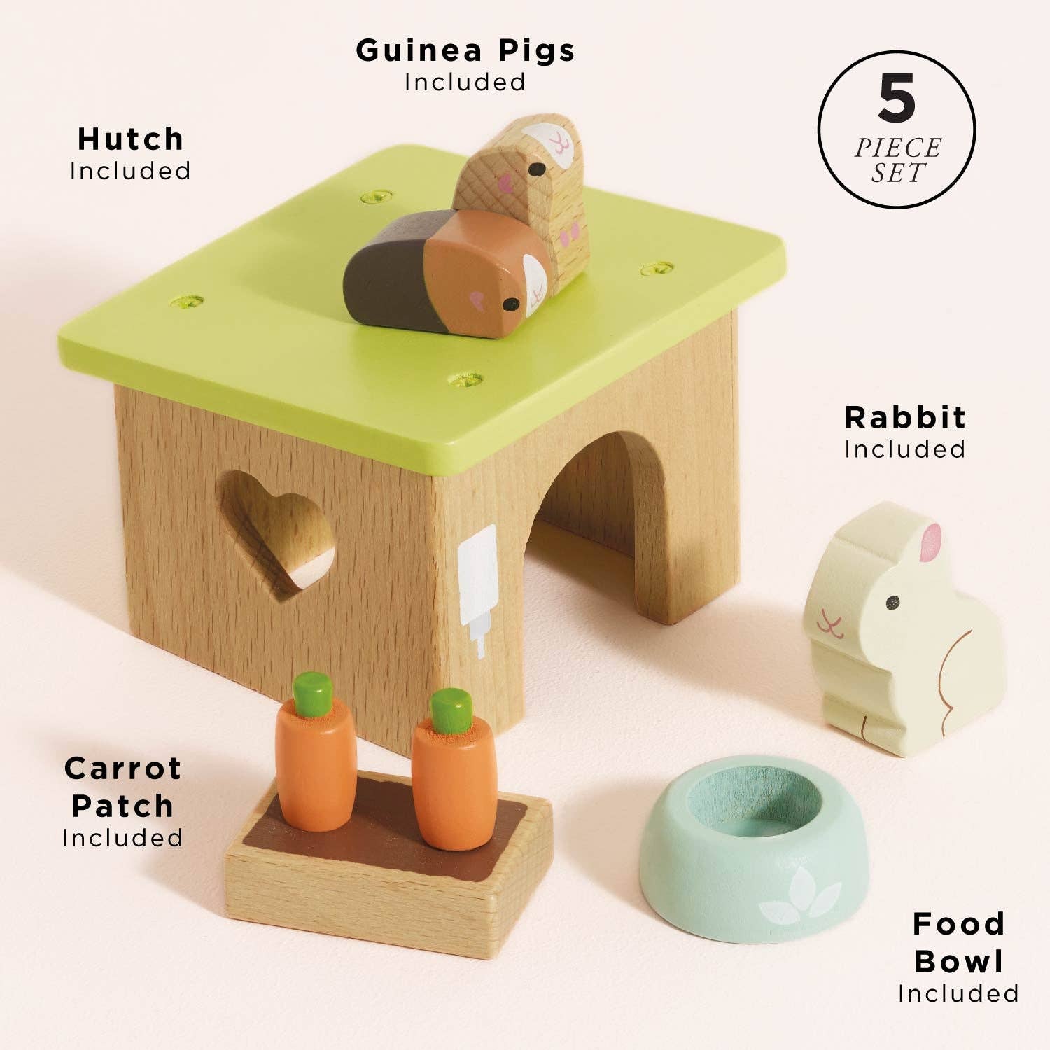 Wooden toy set with animal figures and a house on a white background